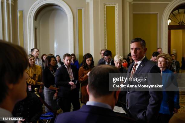 Sen. Martin Heinrich speaks to reporters after a weekly luncheon with Senate Democrats on February 01, 2023 in Washington, DC. During the press...