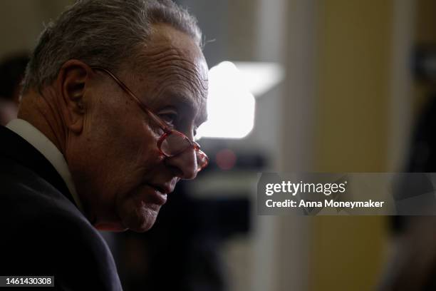 Senate Majority Leader Chuck Schumer speaks to reporters after a weekly luncheon with Senate Democrats on February 01, 2023 in Washington, DC. During...