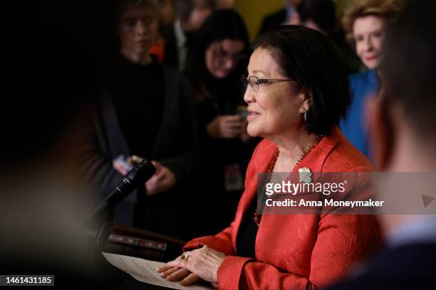 Sen. Mazie Hirono speaks to reporters after a weekly luncheon with Senate Democrats on February 01, 2023 in Washington, DC. During the press...