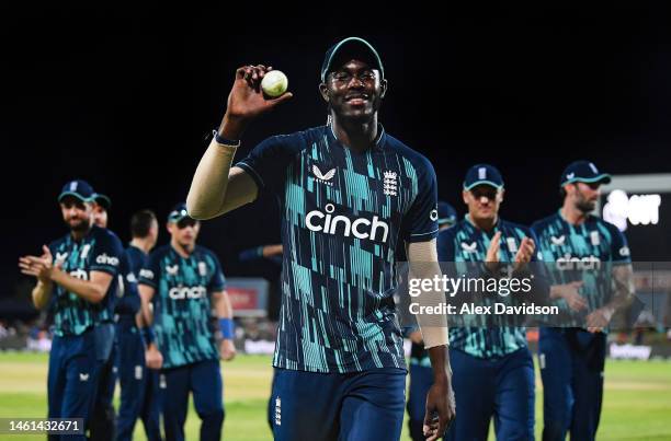 Jofra Archer of England leads the team off after taking 6 wickets during the 3rd One Day International between South Africa and England at the...