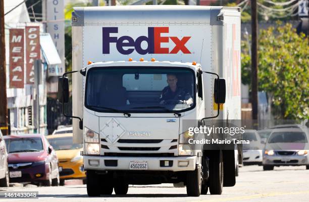 FedEx delivery truck is driven by a Fedex employee on February 1, 2023 in Los Angeles, California. FedEx is reportedly laying off over 10 percent of...