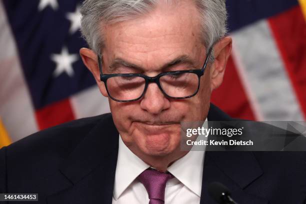 Federal Reserve Board Chairman Jerome Powell speaks during a news conference after a Federal Open Market Committee meeting on February 01, 2023 in...