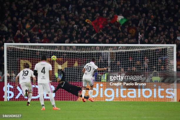Cyriel Dessers of US Cremonese scores the team's first goal from the penalty spot during the Coppa Italia Quarter Final match between AS Roma and US...