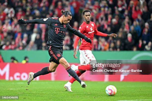Leroy Sane of Bayern Munich scores the team's third goal during the DFB Cup round of 16 match between 1. FSV Mainz 05 and FC Bayern München at MEWA...