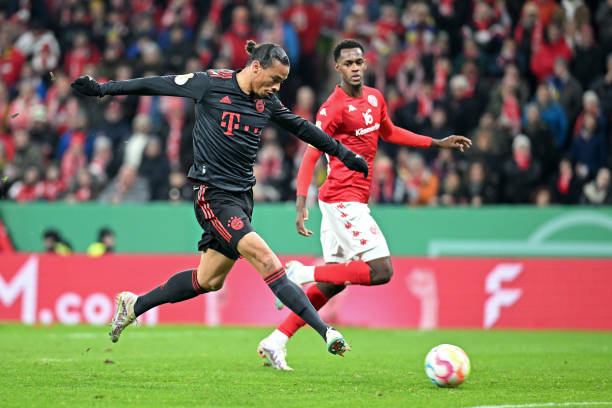 Leroy Sane of Bayern Munich scores the team's third goal during the DFB Cup round of 16 match between 1. FSV Mainz 05 and FC Bayern München at MEWA...