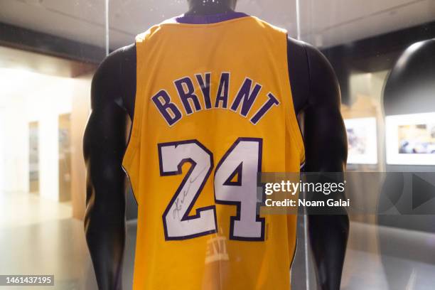 Kobe Bryant game-worn Los Angeles Lakers jersey is on display at Sotheby's on February 01, 2023 in New York City. This signed jersey was worn by Kobe...