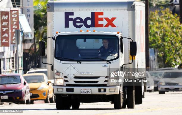 FedEx delivery truck is driven by a Fedex employee on February 1, 2023 in Los Angeles, California. FedEx is reportedly laying off over 10 percent of...