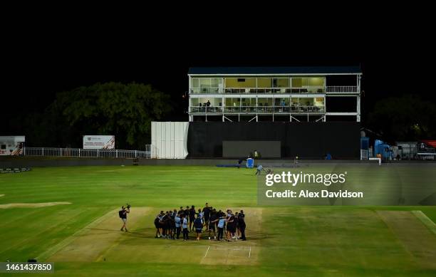 South Africa sing the team song on the pitch after the 3rd One Day International between South Africa and England at the Diamond Oval on February 01,...