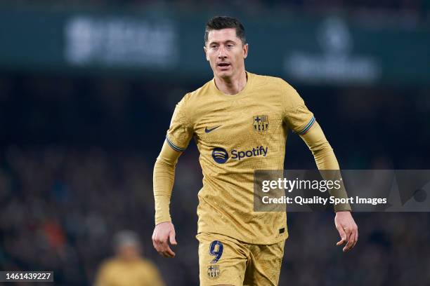 Robert Lewandowski of FC Barcelona looks on during the LaLiga Santander match between Real Betis and FC Barcelona at Estadio Benito Villamarin on...