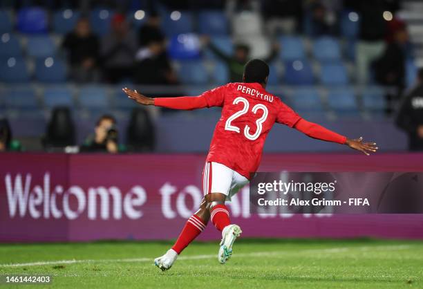 Percy Tau of Al Ahly FC celebrates after scoring the team's third goal during the FIFA Club World Cup Morocco 2022 1st Round match between Al Ahly FC...