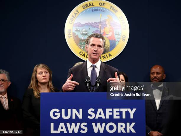 California Gov. Gavin Newsom speaks during a press conference on February 01, 2023 in Sacramento, California. California Gov. Gavin Newsom, state...