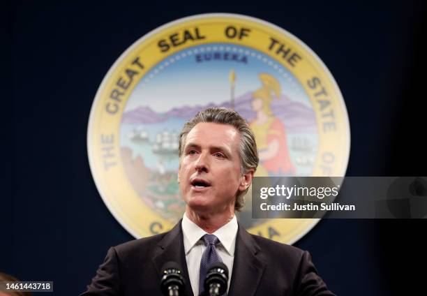 California Gov. Gavin Newsom speaks during a press conference on February 01, 2023 in Sacramento, California. California Gov. Gavin Newsom, state...