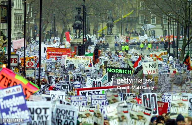 People attend an anti-war demonstration against a possible war with Iraq, on February 15, 2003 in London, England. The protest in London, the largest...