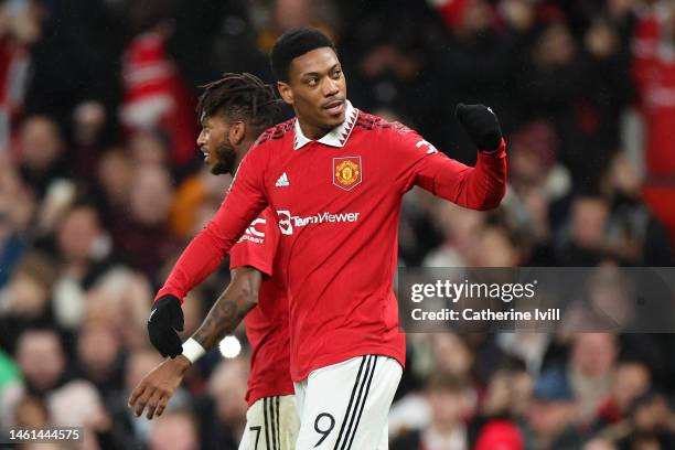 Anthony Martial of Manchester United celebrates after scoring the team's first goal during the Carabao Cup Semi Final 2nd Leg match between...