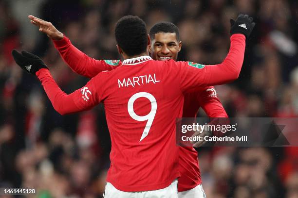 Anthony Martial celebrates with Marcus Rashford of Manchester United after scoring the team's first goal during the Carabao Cup Semi Final 2nd Leg...