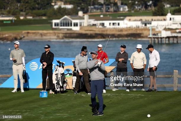 Quarterback Aaron Rodgers tees off on the seventh hole prior to the AT&T Pebble Beach Pro-Am at Pebble Beach Golf Links on February 01, 2023 in...