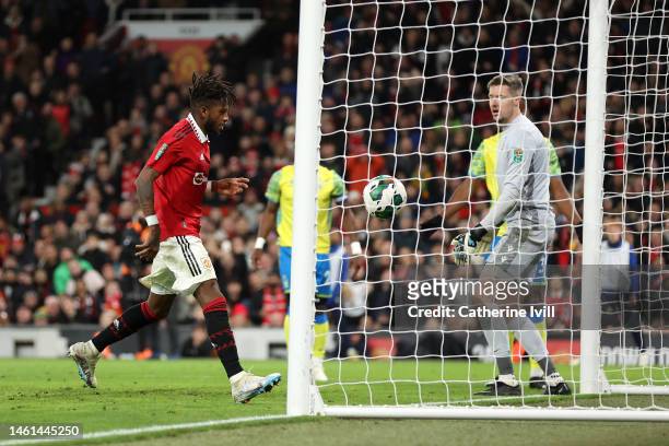 Fred of Manchester United scores the team's second goal during the Carabao Cup Semi Final 2nd Leg match between Manchester United and Nottingham...