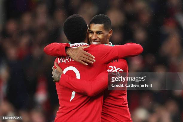 Anthony Martial celebrates with Marcus Rashford of Manchester United after scoring the team's first goal during the Carabao Cup Semi Final 2nd Leg...