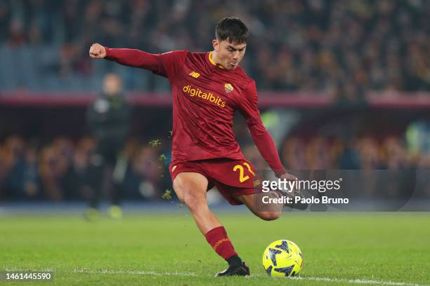 Paulo Dybala of AS Roma controls the ball during the Coppa Italia Quarter Final match between AS Roma and US Cremonese at Olimpico Stadium on...