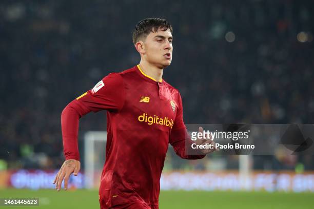 Paulo Dybala of AS Roma looks on during the Coppa Italia Quarter Final match between AS Roma and US Cremonese at Olimpico Stadium on February 01,...