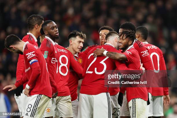 Fred of Manchester United celebrates with teammates after scoring the team's second goal during the Carabao Cup Semi Final 2nd Leg match between...