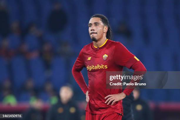 Chris Smalling of AS Roma reacts to defeat after the Coppa Italia Quarter Final match between AS Roma and US Cremonese at Olimpico Stadium on...