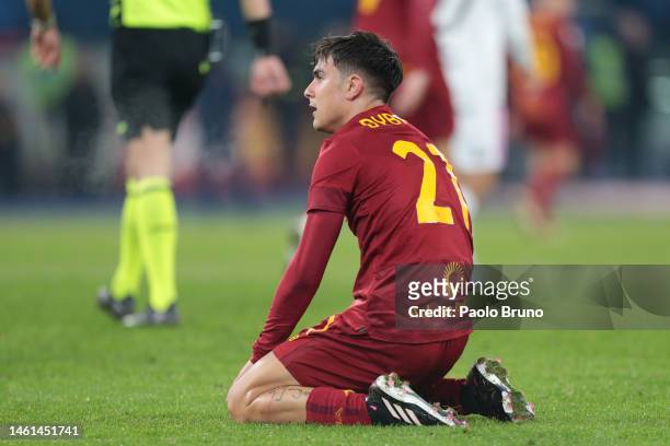 Paulo Dybala of AS Roma reacts after defeat at the end of the Coppa Italia Quarter Final match between AS Roma and US Cremonese at Olimpico Stadium...