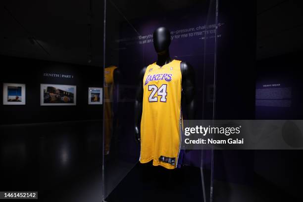 Kobe Bryant game-worn Los Angeles Lakers jersey is on display at Sotheby's on February 01, 2023 in New York City. This signed jersey was worn by Kobe...