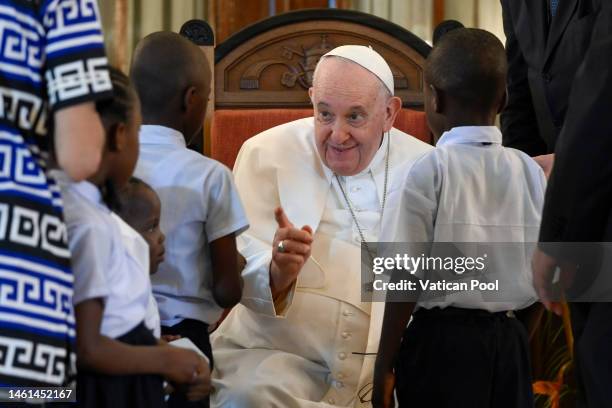 Pope Francis meets representatives from several charities in Kinshasa at the Apostolic Nunciature on February 01, 2023 in Kinshasa, Democratic...