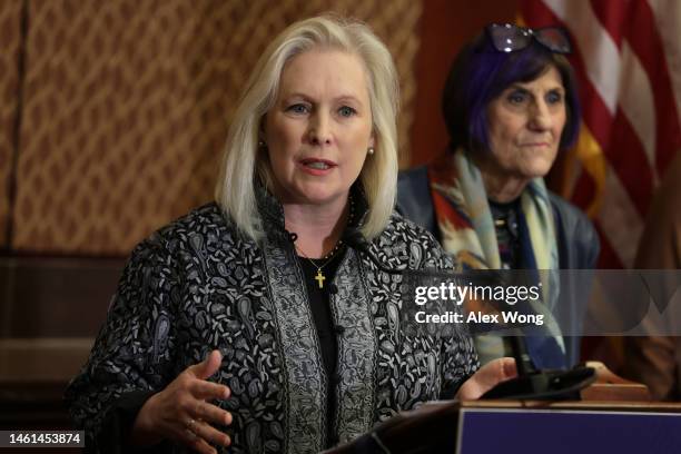 Sen. Kirsten Gillibrand speaks as Rep. Rosa DeLauro listens during a news conference on the Family and Medical Leave Act at the U.S. Capitol on...