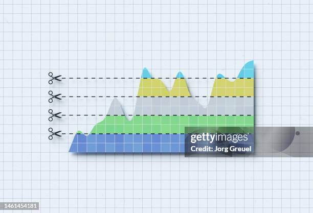 line graph and cut lines - budget cuts stock-fotos und bilder