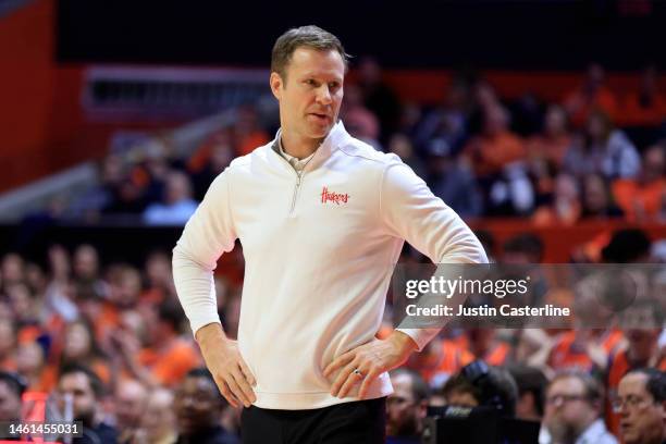 Head coach Fred Hoiberg of the Nebraska Cornhuskers looks on in the game against the Illinois Fighting Illini at State Farm Center on January 31,...