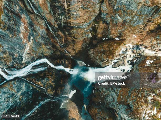 overhead view of vøringfossen waterfall - hordaland county stock pictures, royalty-free photos & images