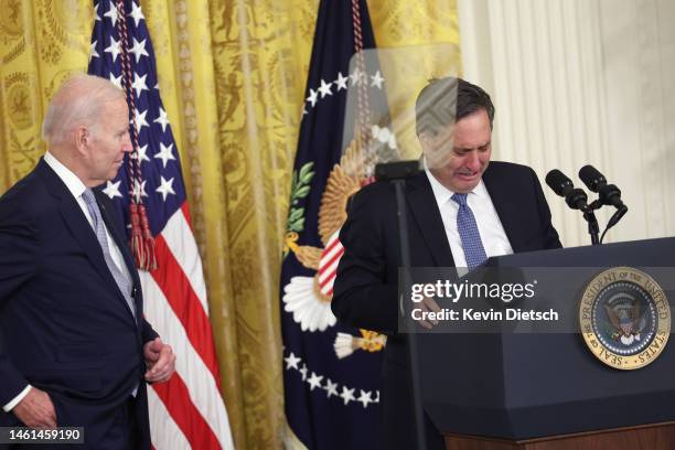 Outgoing Chief of Staff Ron Klain becomes emotional as he delivers remarks alongside U.S. President Joe Biden during an event to welcome his new...