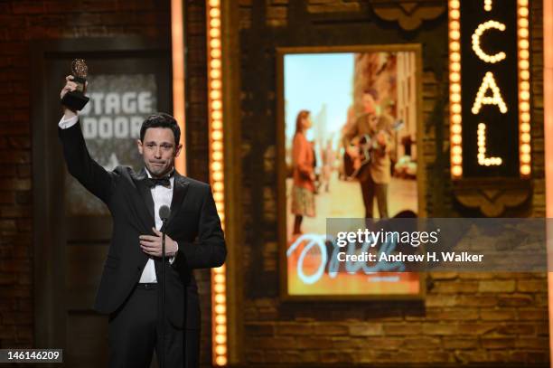 Actor Steve Kazee accepts the award for Best Performance by a Leading Actor in a Musical for 'Once' onstage at the 66th Annual Tony Awards at The...