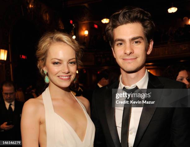 Emma Stone and Andrew Garfield attend the 66th Annual Tony Awards at The Beacon Theatre on June 10, 2012 in New York City.