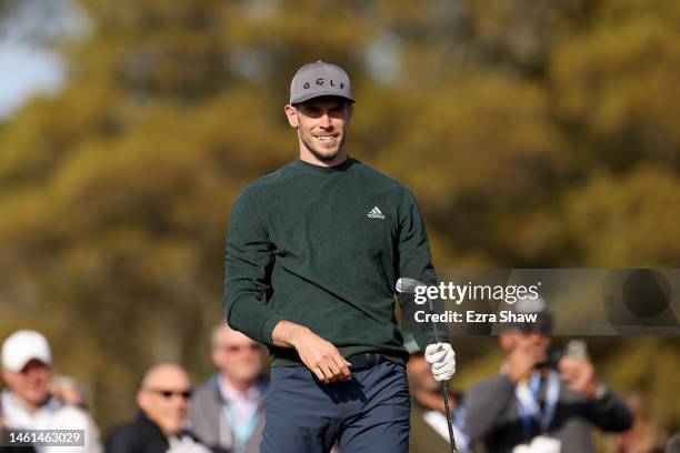 Retired professional footballer Gareth Bale of Wales smiles after hitting a shot during the Cisco Million Dollar Hole-in-One for Charity Challenge...