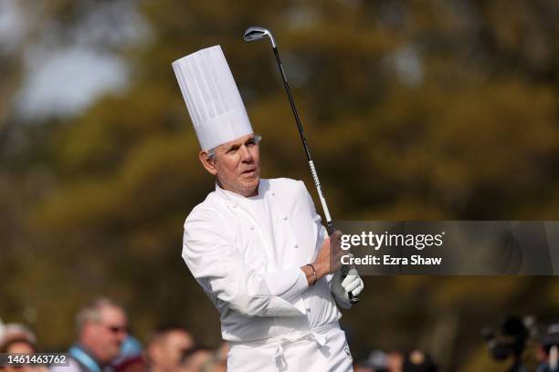 Chef Thomas Keller hits a shot during the Cisco Million Dollar Hole-in-One for Charity Challenge prior to the AT&T Pebble Beach Pro-Am at Pebble...