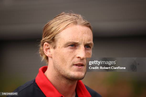 Mason Redman of the Bombers speaks to the media during an Essendon Bombers AFL training session at The Hangar on February 02, 2023 in Melbourne,...