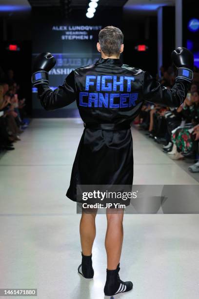 Alex Lundqvist walks the runway wearing Stephen F during the Seventh Annual Blue Jacket Fashion Show at Moonlight Studios on February 01, 2023 in New...