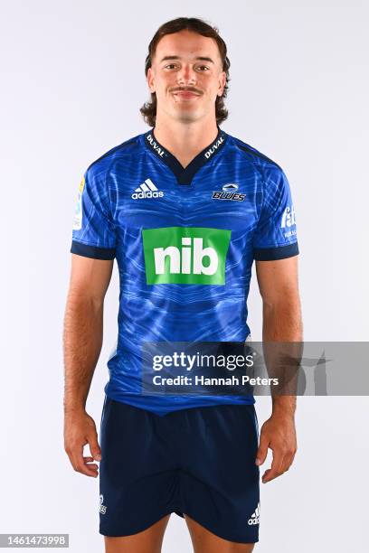 Byron Smith poses during the Blues Super Rugby 2023 team headshots session at Blues HQ on January 25, 2023 in Auckland, New Zealand.