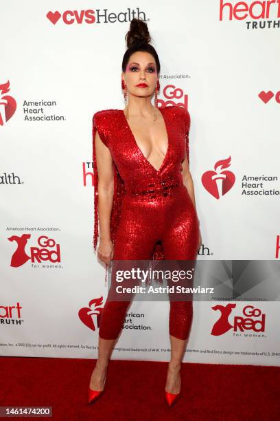 Gina Gershon attends The American Heart Association's Go Red for Women Red Dress Collection Concert 2023 on February 01, 2023 in New York City.