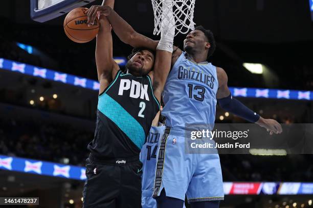 Jaren Jackson Jr. #13 of the Memphis Grizzlies blocks the shot of Trendon Watford of the Portland Trail Blazers during the first half at FedExForum...