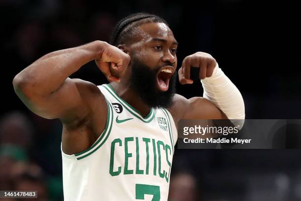 Jaylen Brown of the Boston Celtics celebrates after scoring against the Brooklyn Nets during the first half at TD Garden on February 01, 2023 in...