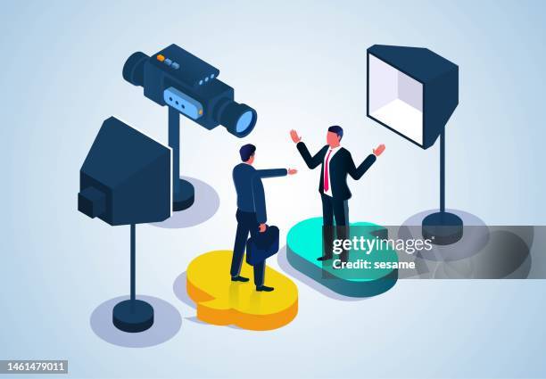 stockillustraties, clipart, cartoons en iconen met live streaming, live networking sessions, live news streaming, live business streaming, isometric video recording of two businessmen discussion or conference blog - studio camera