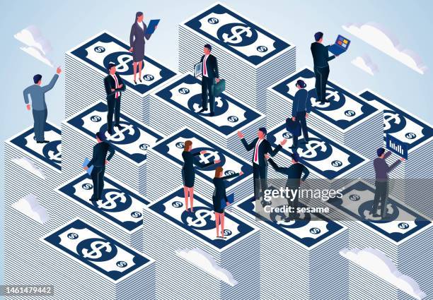 stockillustraties, clipart, cartoons en iconen met isometric standing on stacks of tall bills to discuss and work with a group of businessmen, economic growth and development, financial markets and marketing, investment income or money management analysis, stock market exchange. - crowdfunding
