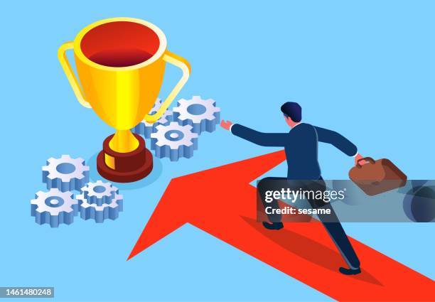 chasing trophies and success, isometric merchants follow the arrows and reach the target point to win trophies, victories or business achievements, gaining determination and perseverance to win - receiving award stock illustrations