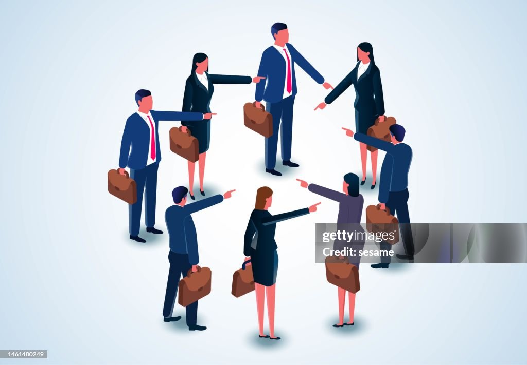 Mutual blame, opposite problems and troubles, team split and mutual blame and complaints, mutual complaints and criticism for failures in heaps of work, isometric team members blaming and scolding each other