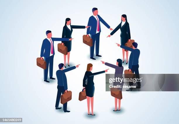 mutual blame, opposite problems and troubles, team split and mutual blame and complaints, mutual complaints and criticism for failures in heaps of work, isometric team members blaming and scolding each other - overshadow stock illustrations