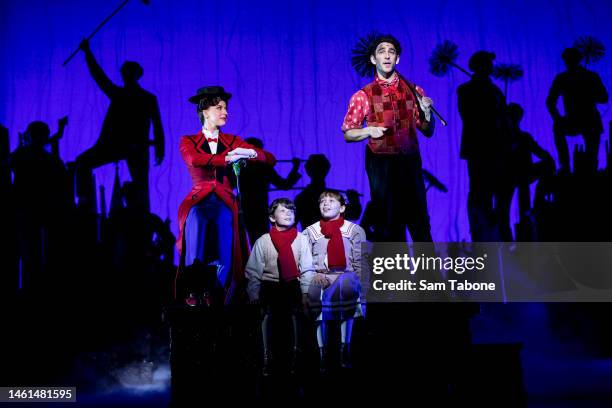 Stefanie Jones as Mary Poppins, Sebastian Serko as Michael Banks, Harriet Alder as Jane Banks and Jack Chambers as Bert perform during a media...